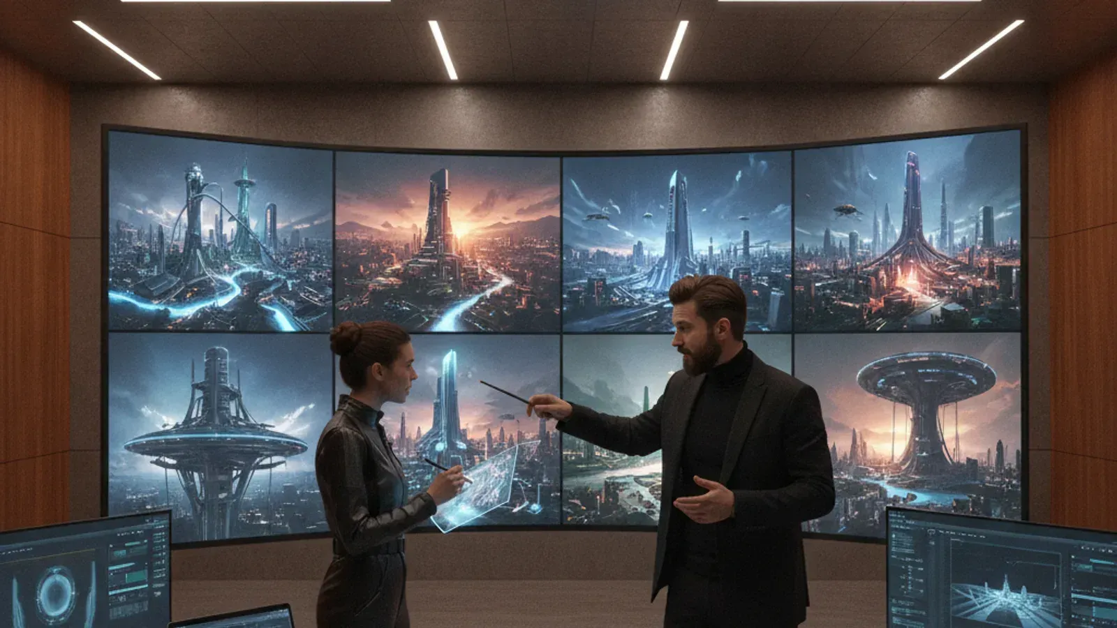 Director and artist reviewing AI-generated concept art for a futuristic city