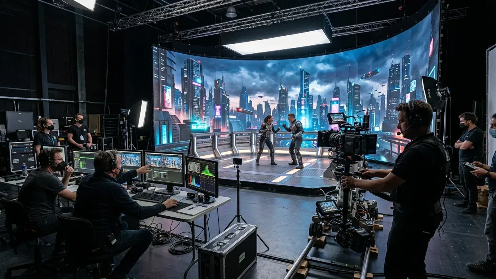 Film crew using virtual production with AI-assisted camera on a futuristic city set