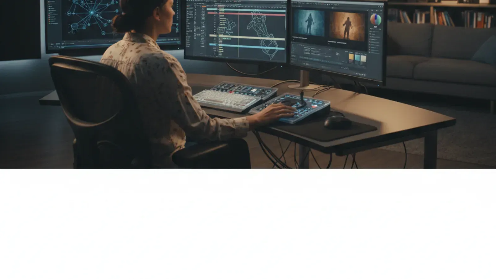 Film editor using AI tools for rotoscoping and color grading in post-production