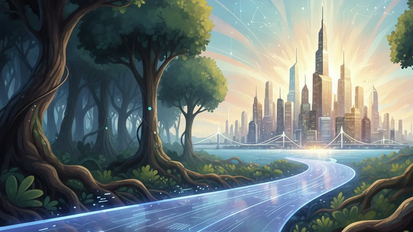 Clear path from forest to city, representing product's strategic narrative