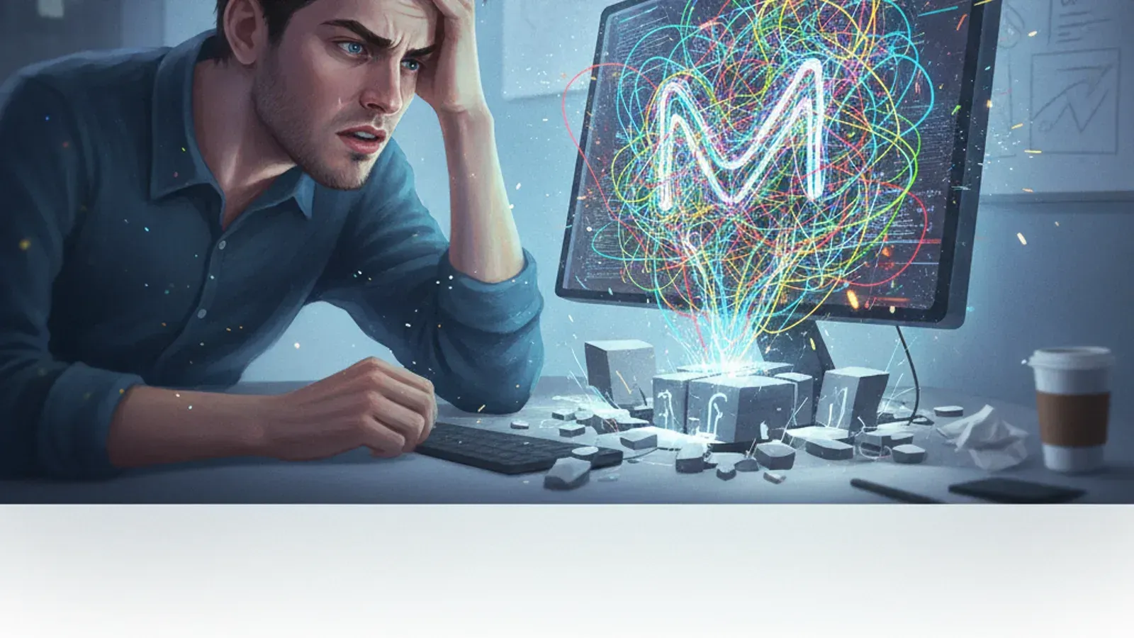 Frustrated founder looking at tangled code representing technical debt