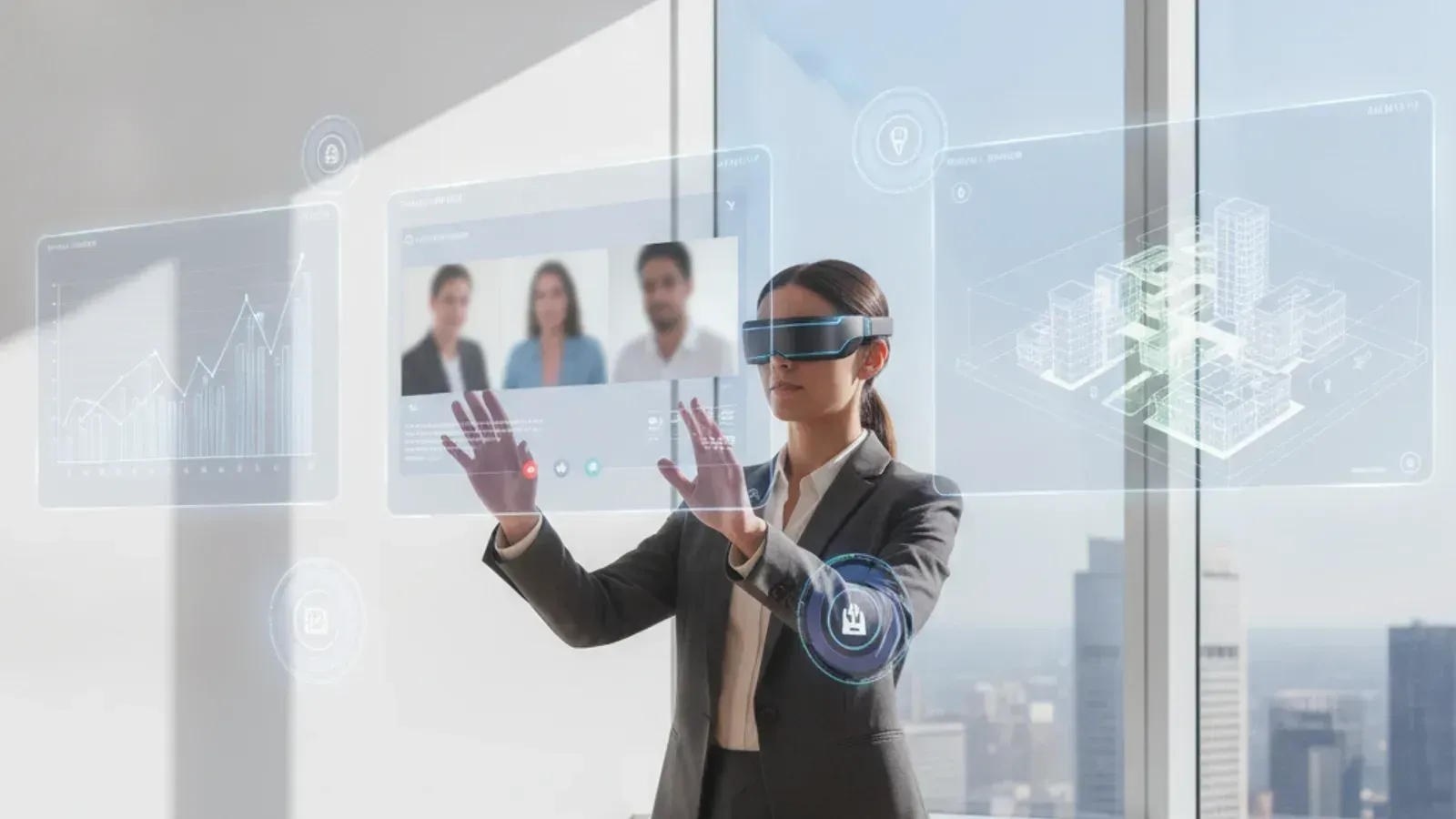 User interacting with spatial computing interfaces in an office environment