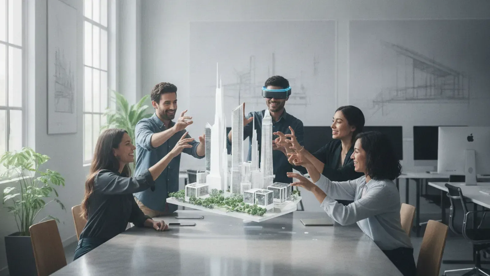 Architects collaborating on a 3D model using spatial computing
