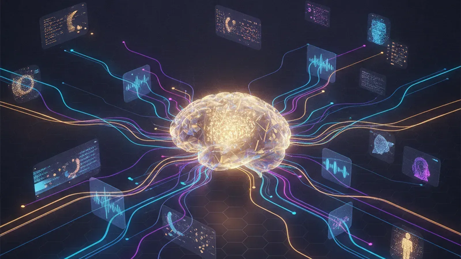 AI analyzing user research data, connecting diverse data points into actionable insights