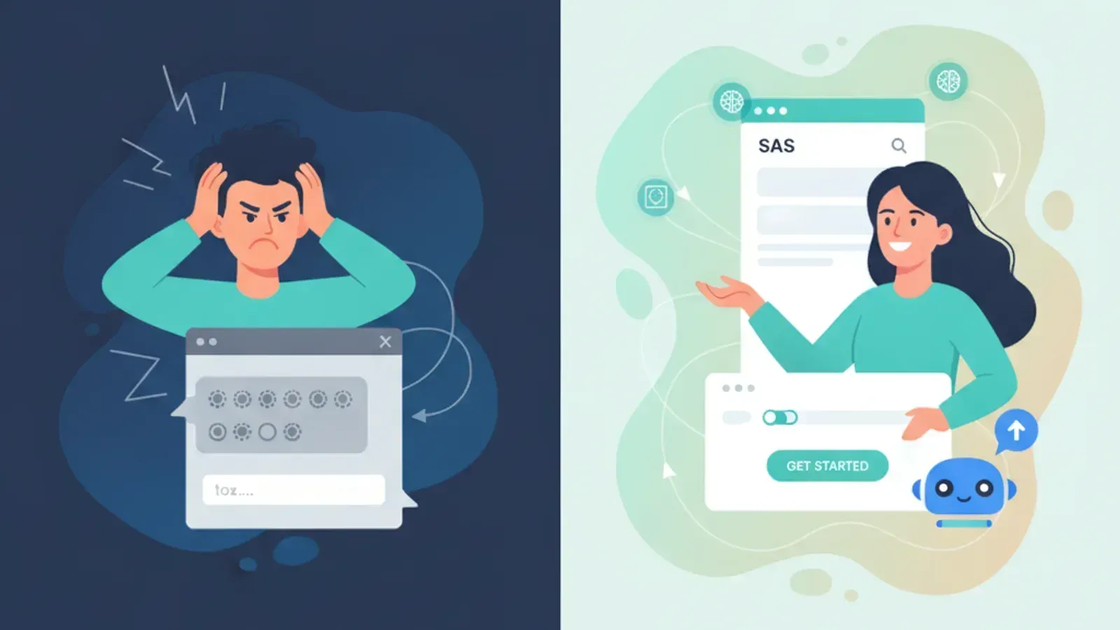 Frustrated user with traditional chatbot contrasted with happy user with AI-guided onboarding