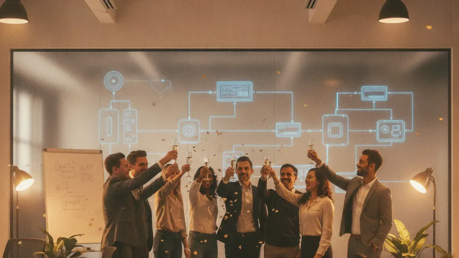 Team celebrating launch with a focus on future product roadmap
