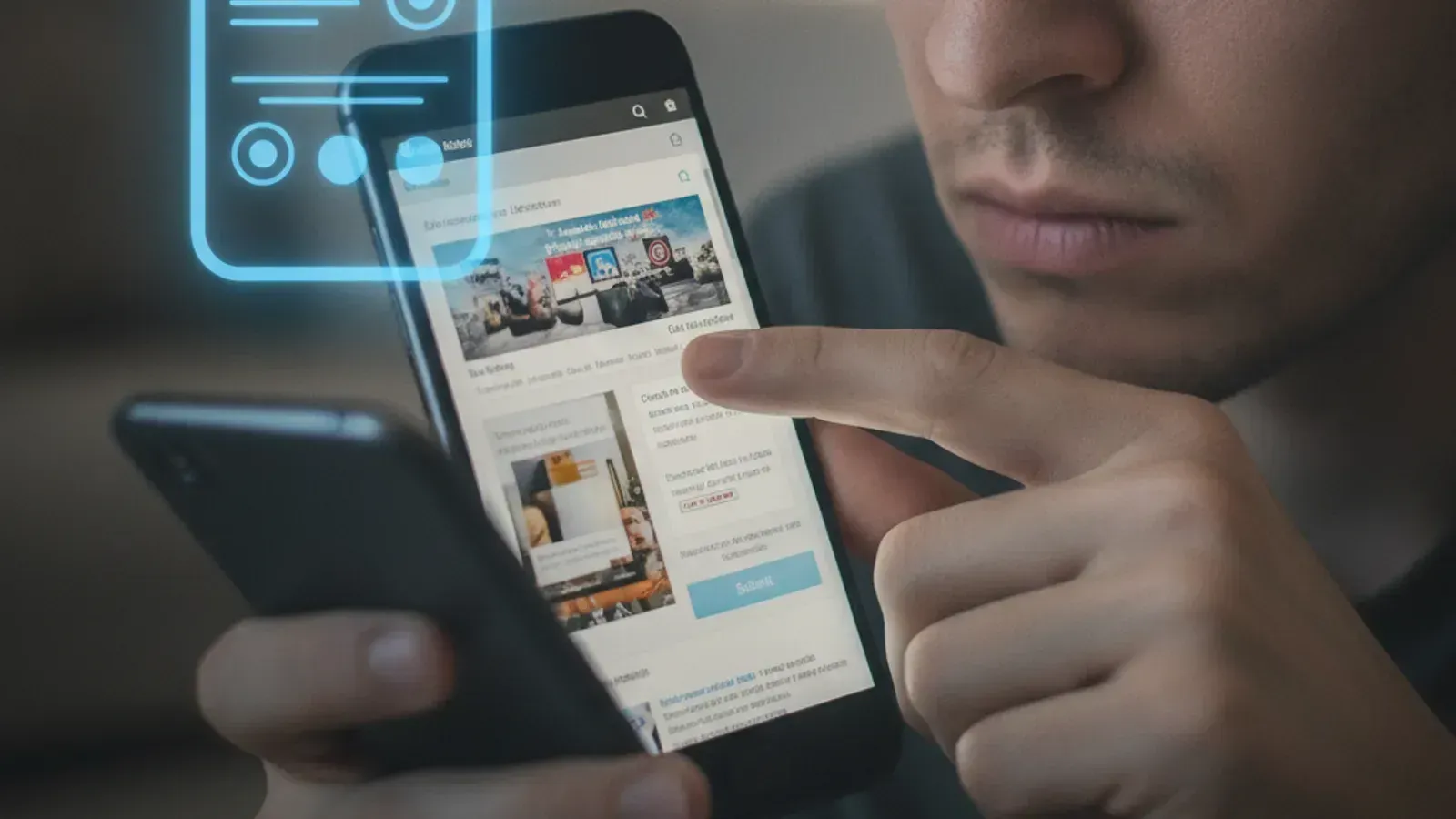 Frustrated user trying to navigate a non-responsive website on a smartphone