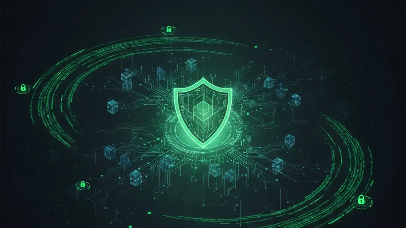 Digital shield protecting data and code, symbolising strong security measures.
