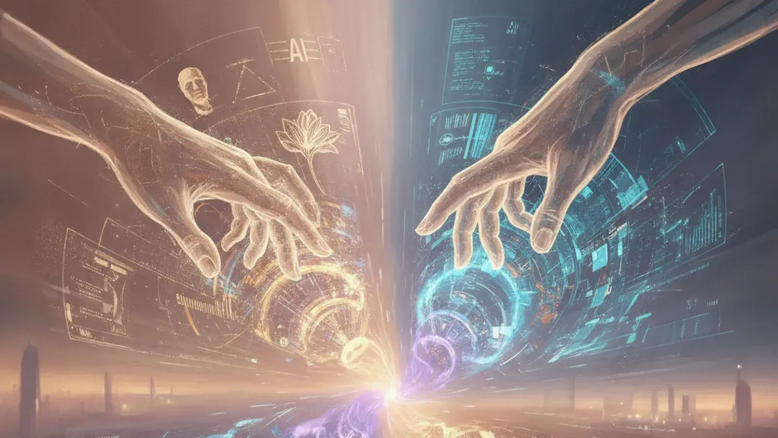 Human hands and AI interfaces collaborating, symbolising the synergy of human expertise and AI tools.