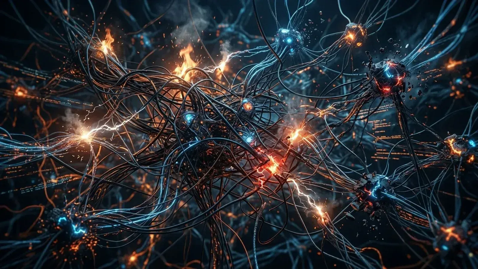 Tangled digital wires symbolising risks of AI agents: unpredictable costs, reliability, security
