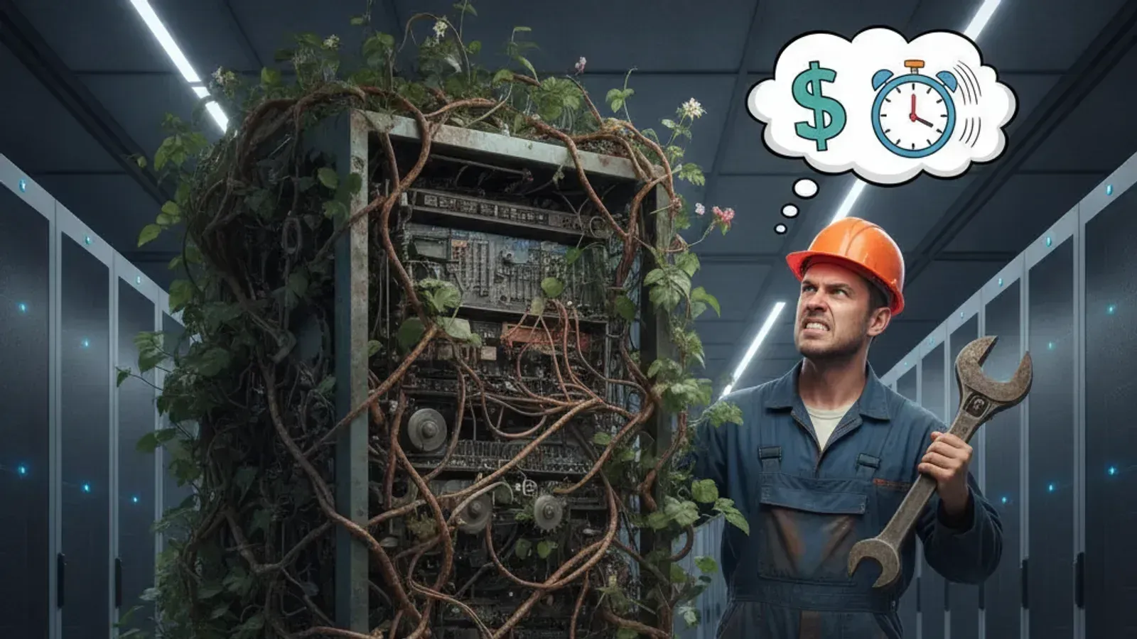 Frustrated engineer grappling with a tangled, rusty legacy system while modern data centres loom in the background