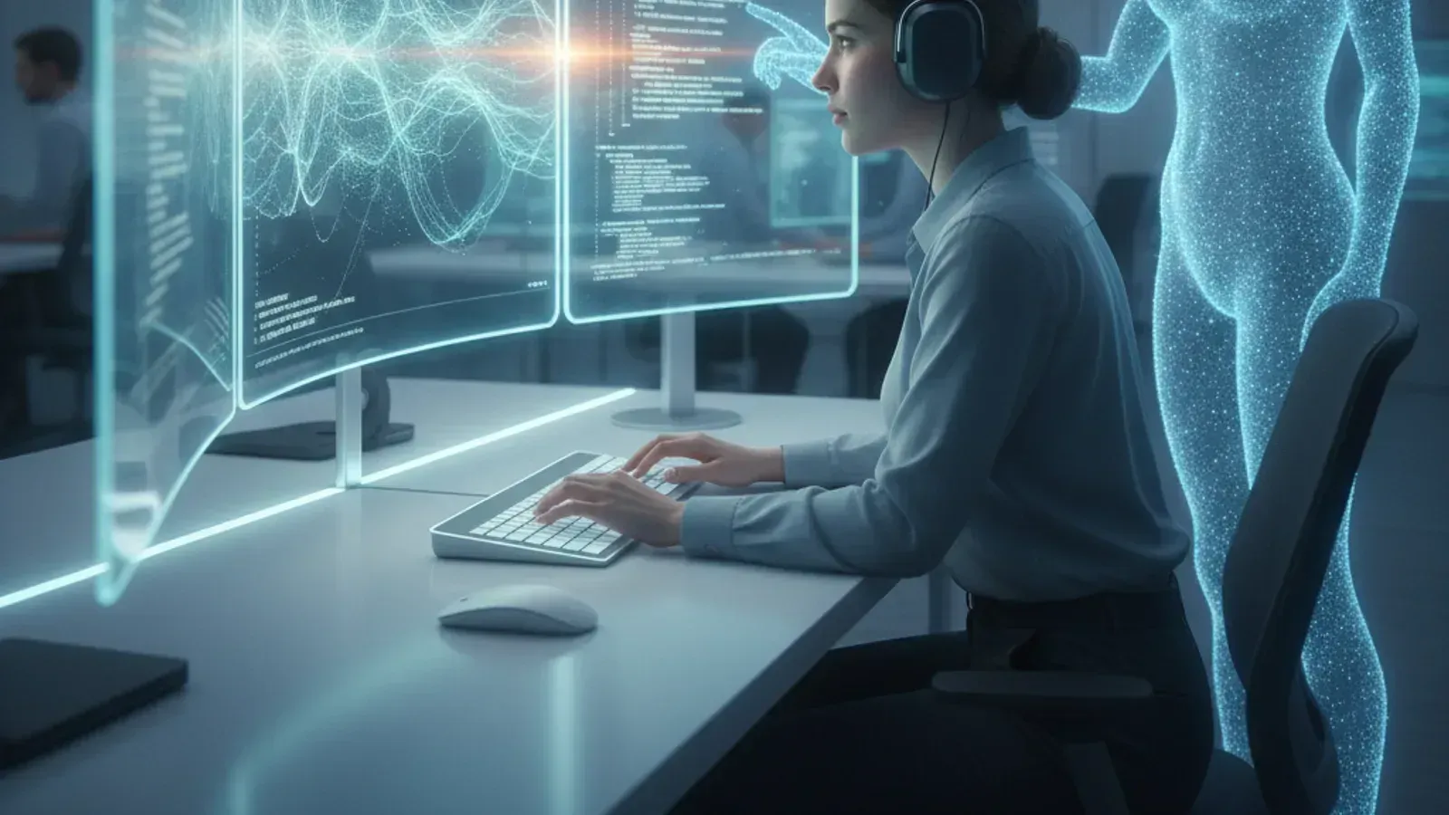An engineer collaborating with a GenAI assistant to refactor complex code, highlighting the partnership in modernisation.