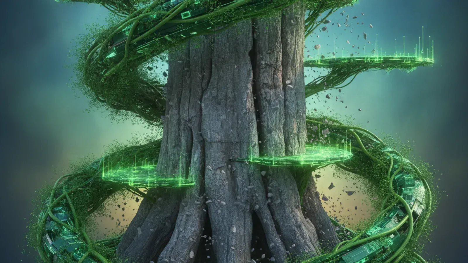 Abstract depiction of the strangler fig pattern: new, green microservices enveloping a grey, gnarled legacy monolith.