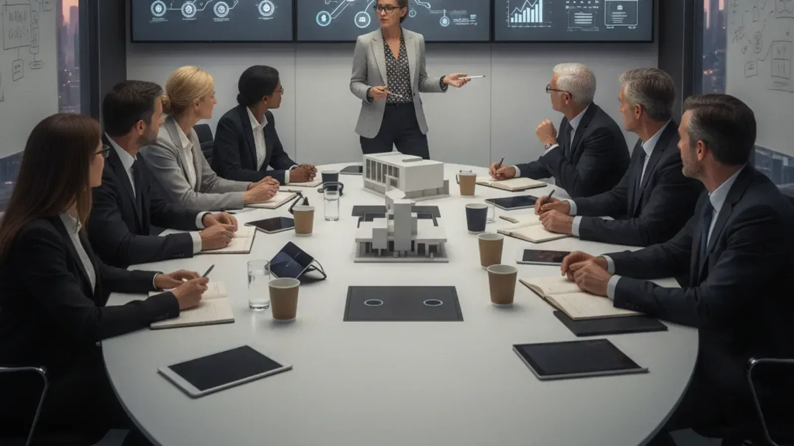 Designers presenting a future product vision to senior leadership in a boardroom setting