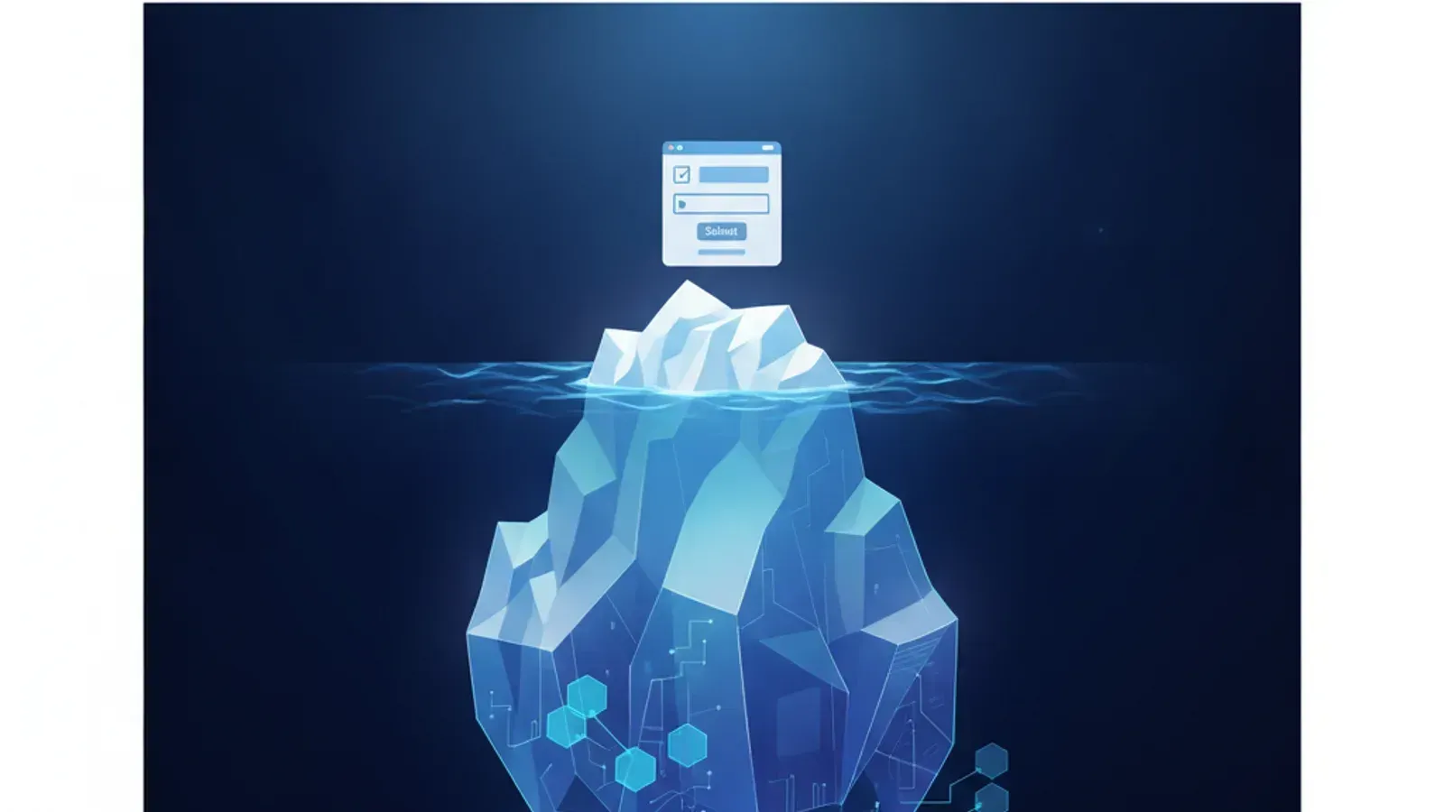 An iceberg illustrating that a booking form is just the tip of the iceberg, with vast engineering complexity hidden beneath the surface.