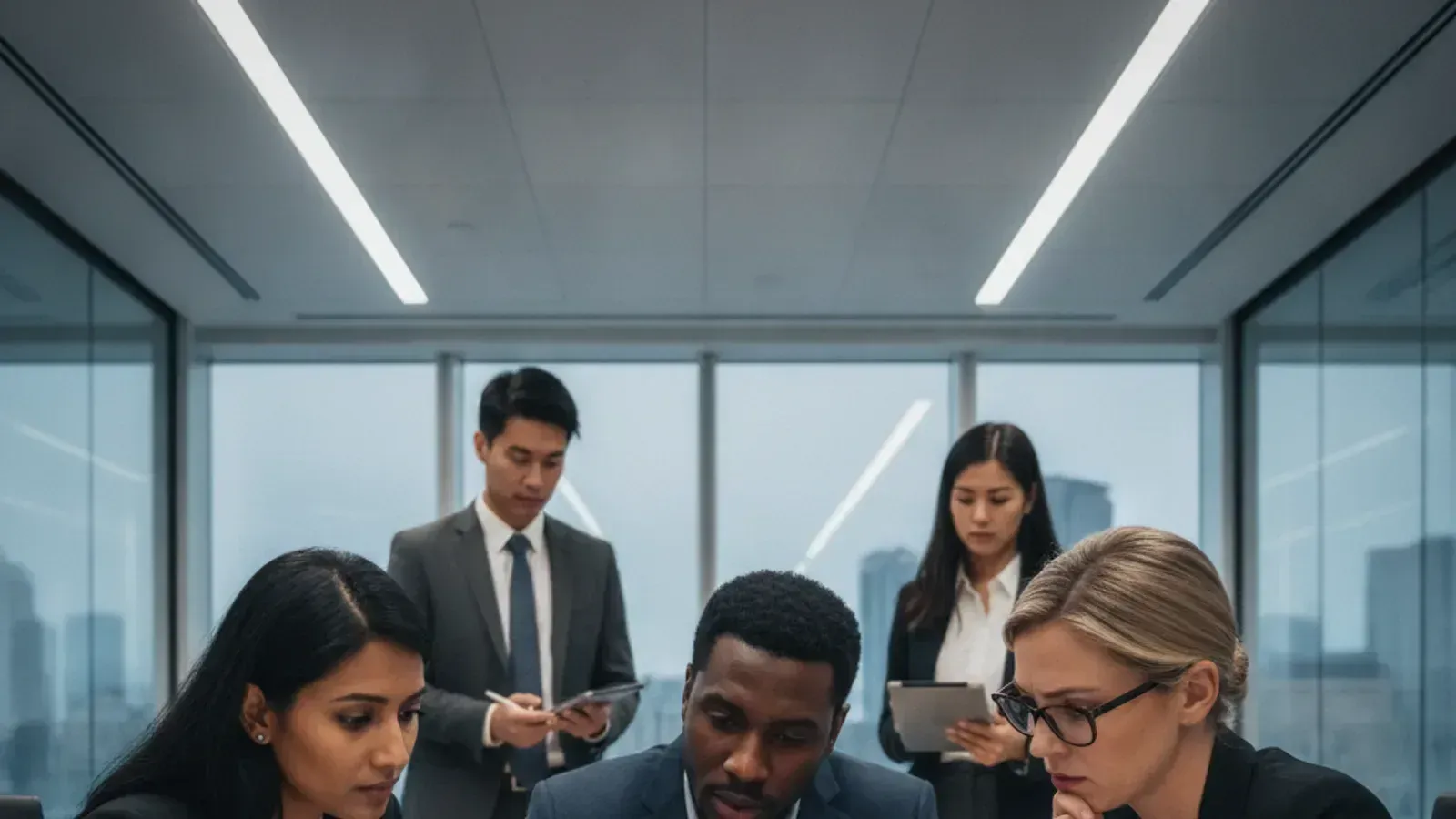 Business professionals reviewing legal documents related to AI software