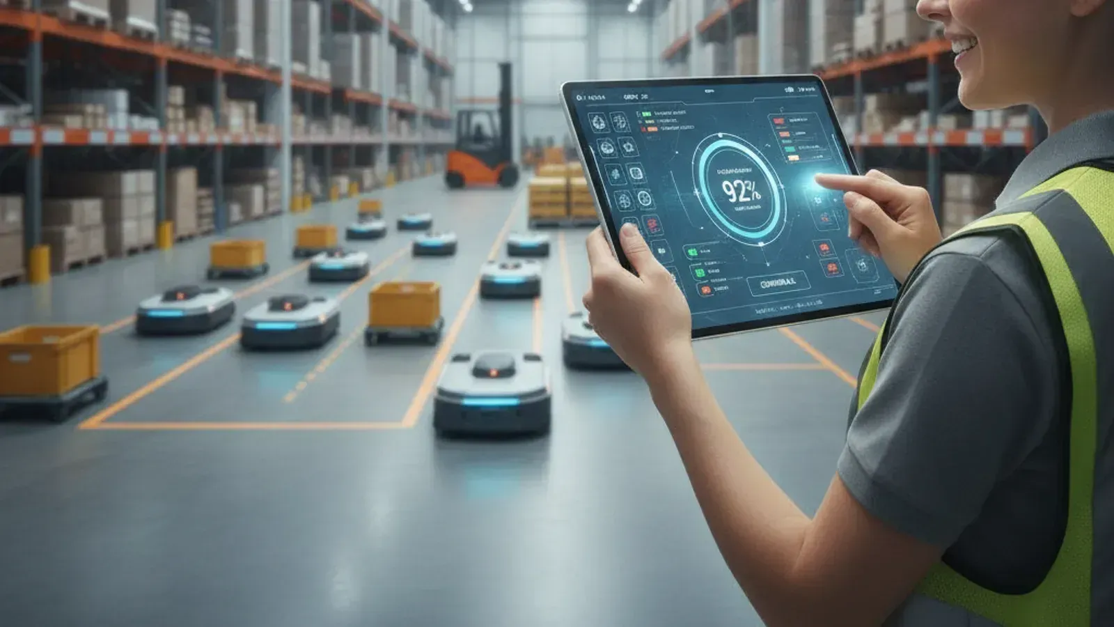 Warehouse operator using a tablet to control a fleet of robots with a clean, visual interface.