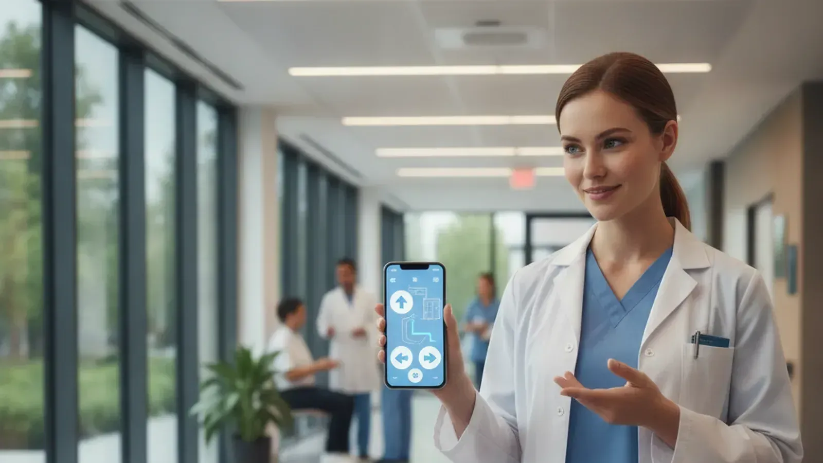 Nurse using a mobile app to control a medical delivery robot in a hospital.