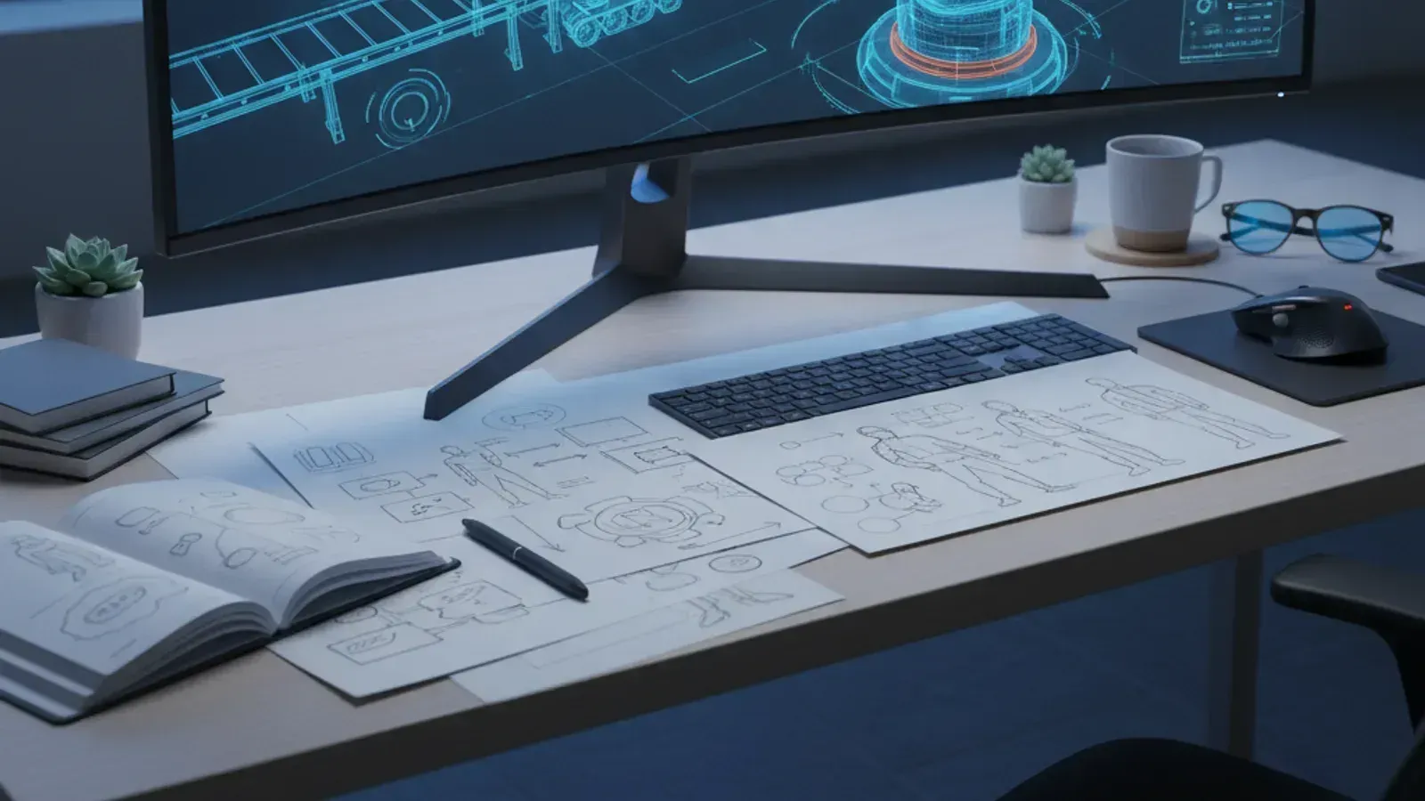 Industrial designer's desk with a monitor showing a 3D digital twin of a robotic arm, emphasizing UX design.