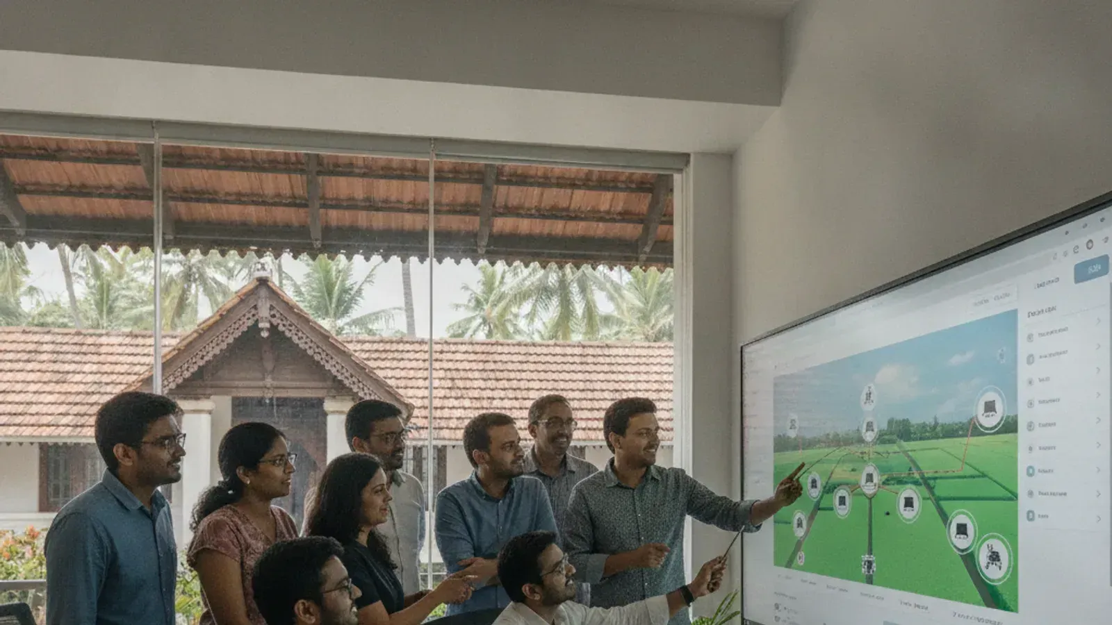 Kraavon team collaborating on robotics software design in Kochi, India.