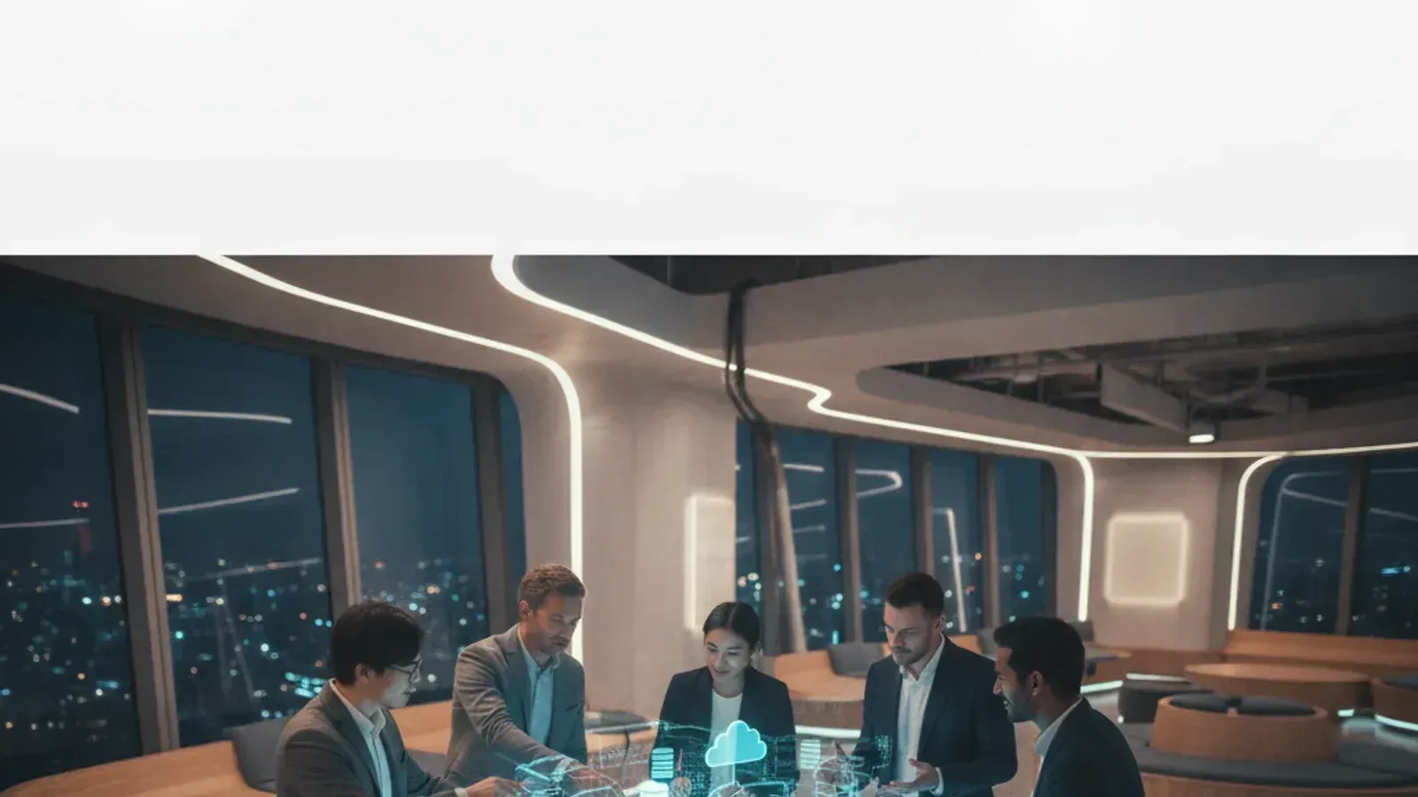 A team of strategists, designers, and engineers collaborating on a cloud architecture diagram
